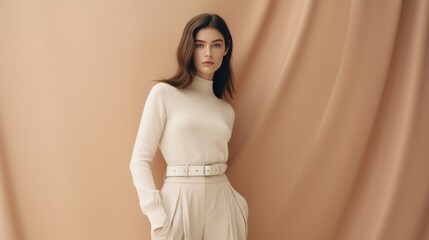 Fashion beige minimalist background with model girl. Illustration AI Generative.