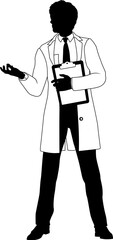 Wall Mural - Silhouette person scientist, engineer or professor man in a lab coat. Holding clipboard checklist. Possibly performing experiment or surveying. Alternatively a chemist, science teacher or pharmacist.