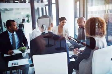 Poster - Meeting, report and planning with business people in office for strategy, corporate and teamwork. Support, collaboration and project management with employees in boardroom for workshop and solution