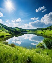 Serene Lake Surrounded by Green Hills on a Sunny Day, The serene lake with its calm waters The green hills that surround the lake, lush with vegetation The sunny sky with its few fluffy clouds