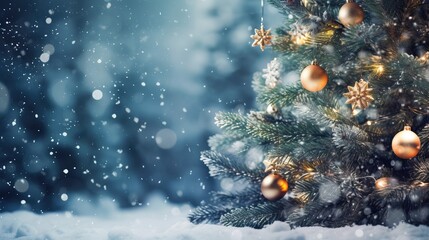 Wall Mural - christmas winter blurred background. xmas tree with snow decorated, holiday festive background. new 