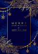 Christmas Poster with golden pine branches on dark blue background. New year illustration.