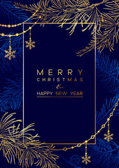 Wall Mural - christmas poster with golden pine branches on dark blue background. new year illustration.