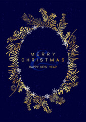 Wall Mural - Christmas Poster with golden pine branches on dark blue background. New year illustration.