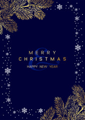 Wall Mural - christmas poster with golden pine branches on dark blue background. new year illustration.