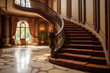 Grand Staircase With Sweeping Banister And Elaborate Carpeting Traditional Interior Design. Generative AI