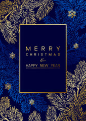 Wall Mural - christmas poster with golden pine branches on dark blue background. new year illustration.