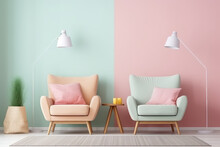 Minimalist Interior In A Painted Wall, Soft Armchairs. Light Green, Orange, Pink Pastel Colors. Cute Cozy Interior Composition. Generative AI Photo.