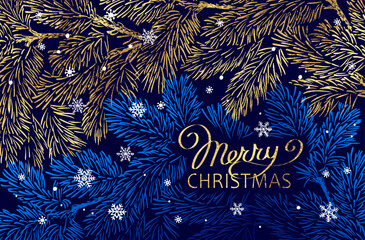 Wall Mural - christmas cardr with blue and golden pine branches on dark blue background. winter banner design.