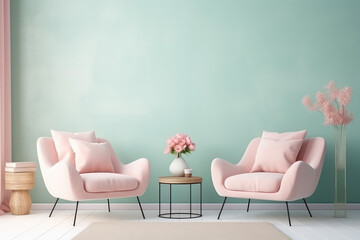 Minimalist interior in a painted wall, two soft armchairs. Light pink, green pastel colors. Cute cozy interior composition. Generative AI photo.