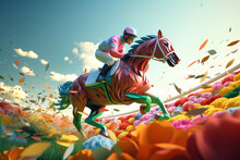 Horse Racing, A Jockey Riding A Horse Rides Through A Flower Field. Colorful Illustration. Ai Generative