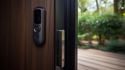 Hotel door security Unlocking by application on mobile phone. Digital door lock, key less system of access door. Close up and selective focus. Generative AI