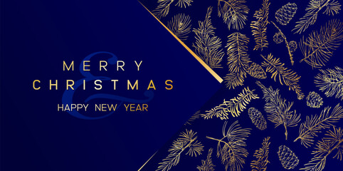 Wall Mural - Christmas card with golden pine branches on dark blue background. New year illustration.