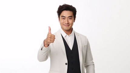 Asian charming businessman showing thumb-up sign, isolated on white. Business concept.