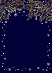 Wall Mural - vector vertical frame of christmas background with branches of christmas tree and golden elements.