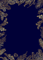 Wall Mural - Vector vertical frame of Christmas Background with branches of christmas tree and golden elements.