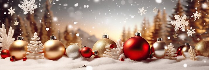 Christmas background with decorative holiday design elements. Festive background with christmas ornament decoration, Copy space. Banner and poster. 