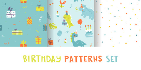 Wall Mural - birthday patterns set with cute dino and festive decoration. dinosaur party seamless vector print co