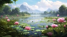 In Summer Morning, Lotus Pond And Distant Mountain And Clouds Painting Illustration.
