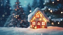 Christmas House In Winter Snowy Forest. Holiday Christmas Ornament Decoration, Copy Space. Banner And Poster. 