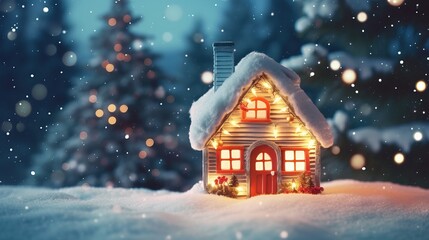 Wall Mural - Christmas house in winter snowy forest. holiday christmas ornament decoration, Copy space. banner and poster. 