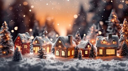 Christmas house in winter snowy forest. holiday christmas ornament decoration, Copy space. banner and poster. 