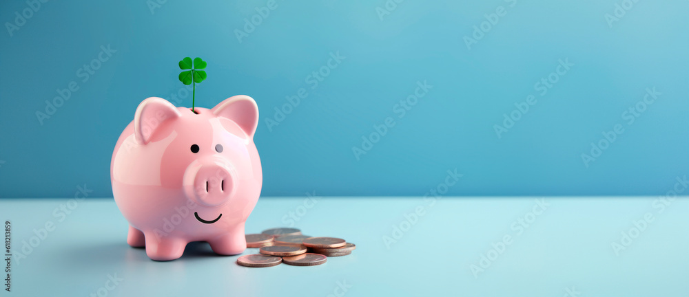 Smiling pink pig piggy bank next to a stack of gold coins and a four ...