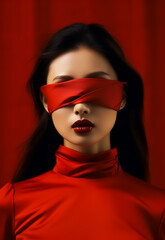 Wall Mural - Blindfolded Asian Attractive model in full makeup, Red Classic Dress, Red scarf, hot look, fashion portrait, Dark Red background made with Generative AI