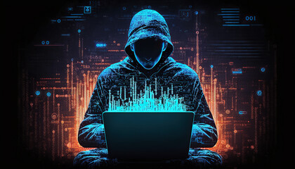 ai generated illustration computer hacker wearing hoodie at work
