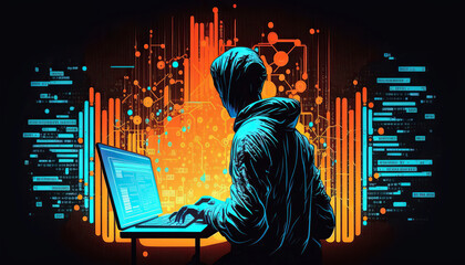 ai generated illustration computer hacker wearing hoodie at work