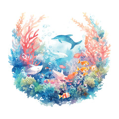 Sticker - Beautiful colorful underwater world watercolor deep white background for print design.