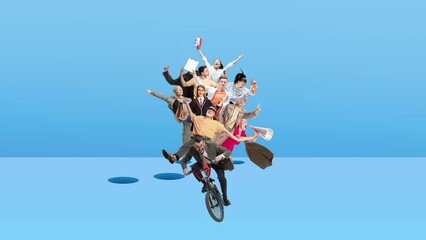 Wall Mural - Creative group. Team, employees riding bike together on blue background. Ideas, brainstorming, imagination. Stop motion, animation. Business and office, career development, success and growth concept