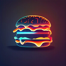 Tasty Cheeseburger On A Neon Sign With Colorful Glowing Lights. Very Juicy Fast Food Concept.