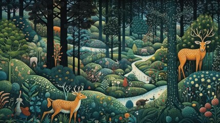 Depict a whimsical forest filled with enchanted trees, talking animals, and hidden magical beings