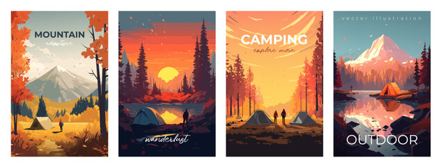 mountain adventure and travel, flat colors vertical poster. camping and hiking. vector illustration
