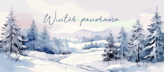 Minimalistic winter panoramic landscape with copy space, vector watercolor style. Vector illustration