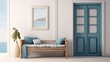 © Eli Berr - Santorini style interior with bench door and blank picture frame.3d rendering