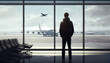 people at the airport Back view of man watching plane Ai generated image