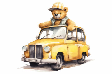 Canvas Print - Cute bear taxi driver. Cool bear toy for postcards, posters and prints design . Fashion slogan and style.