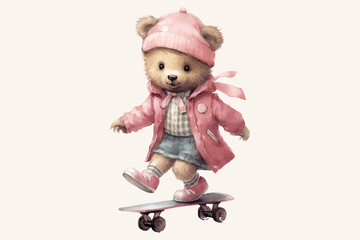 Sticker - teddy bear cute dressed skating on skateboard. Cool bear toy for postcards, posters and prints design . Fashion slogan and style.