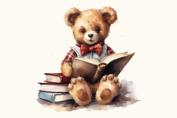 Sticker - Cute bear reading a book. Cool bear toy for postcards, posters and prints design . Fashion slogan and style.