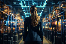 Harnessing The Power Of 3D Graphics: In A Warehouse, The Female Chief Technology Officer Of A Big Data Center Stands, Activating Servers To Initiate The Digitalization Of Information. Embracing SAAS, 