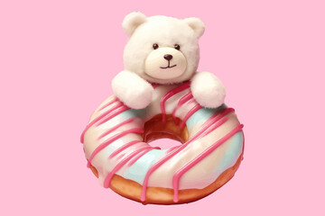 Sticker - Cute bear doll and strawberry donut . Cool bear toy for postcards, posters and prints design . Fashion slogan and style.