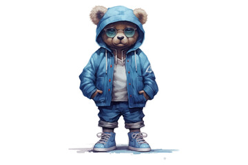 Sticker - Cute Bear in a jacket and sunglasses. Cool bear toy for postcards, posters and prints design . Fashion slogan and style.