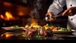 © Inlovehem - Chef standing close up cooking steak in the kitchen .Generative Ai.