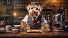 Dog Dressed Barista Serving Coffee In The Coffee Shop.Generative Ai.