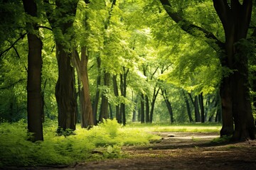 Wall Mural - Beautiful Green Summer Forest Backdrop. Spring Background with Stunning Landscape, Nature Environment and Leaves: Generative AI