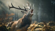 Stag Bellowing In A Meadow In Foggy Weather