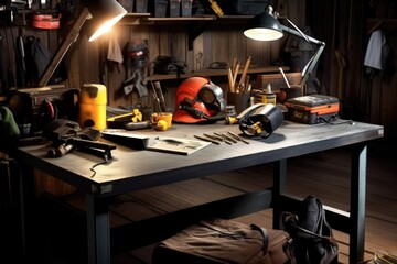 photo welding workplace desk with stuff and equipment