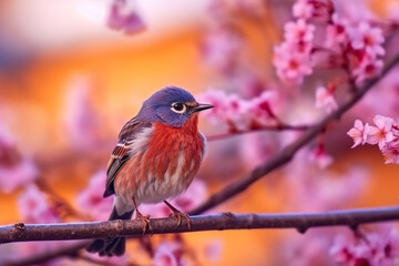 Wall Mural - Beautiful bird on branch sakura.Generative Ai.